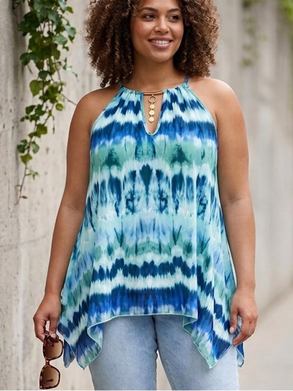NWT Unique Spectrum Blue Green Tie Dye Halter Cold Shoulder Blouse Top Plus 1X